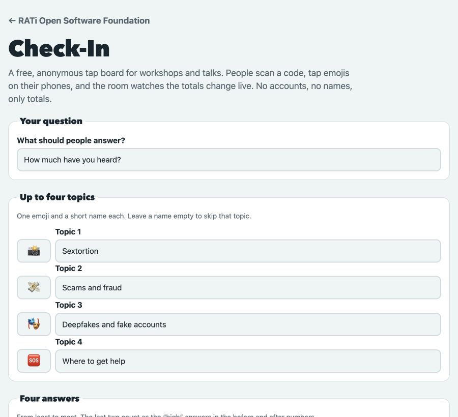 Check-In setup screen with a question and four online safety topics